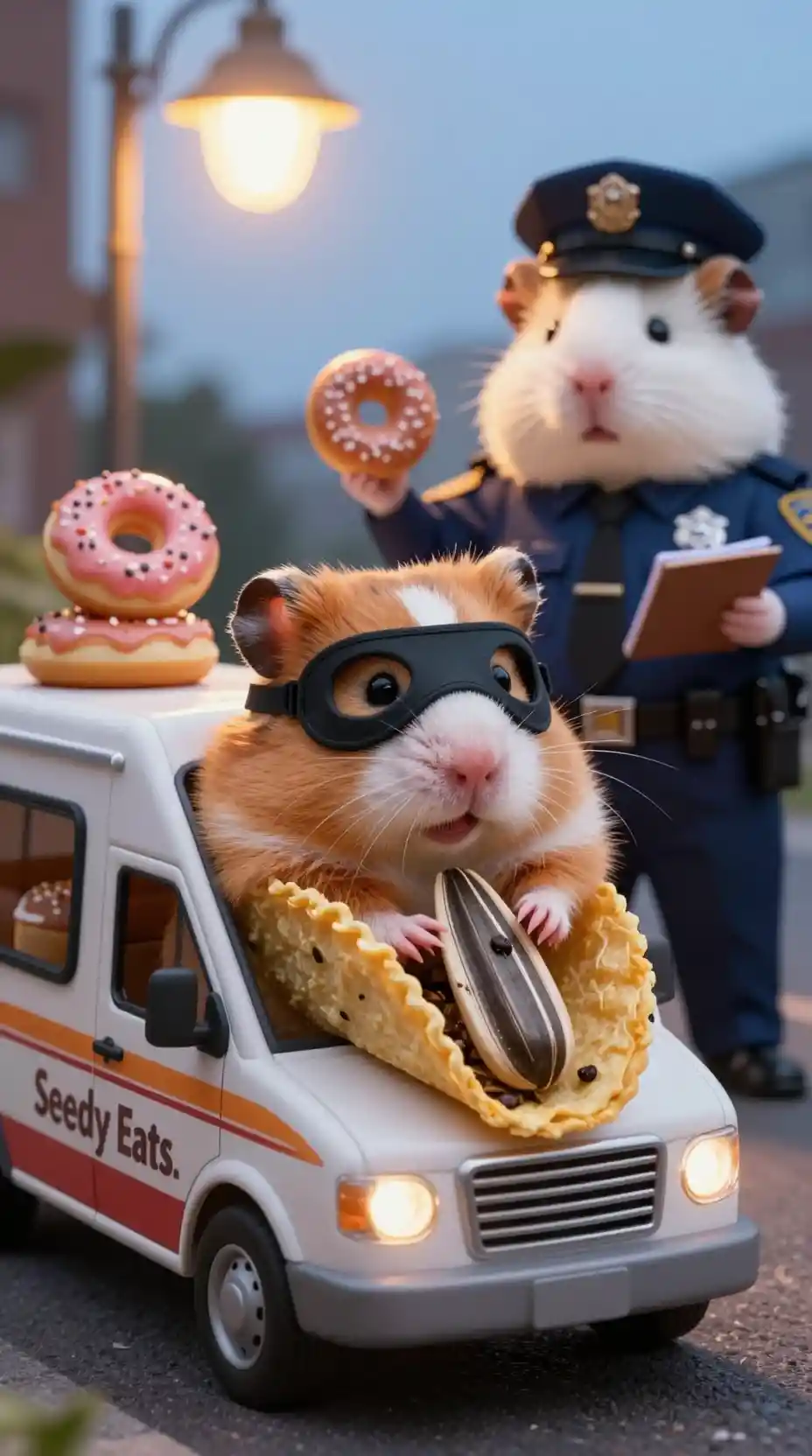 Determined hamster pushing giant seed beside tiny taco truck