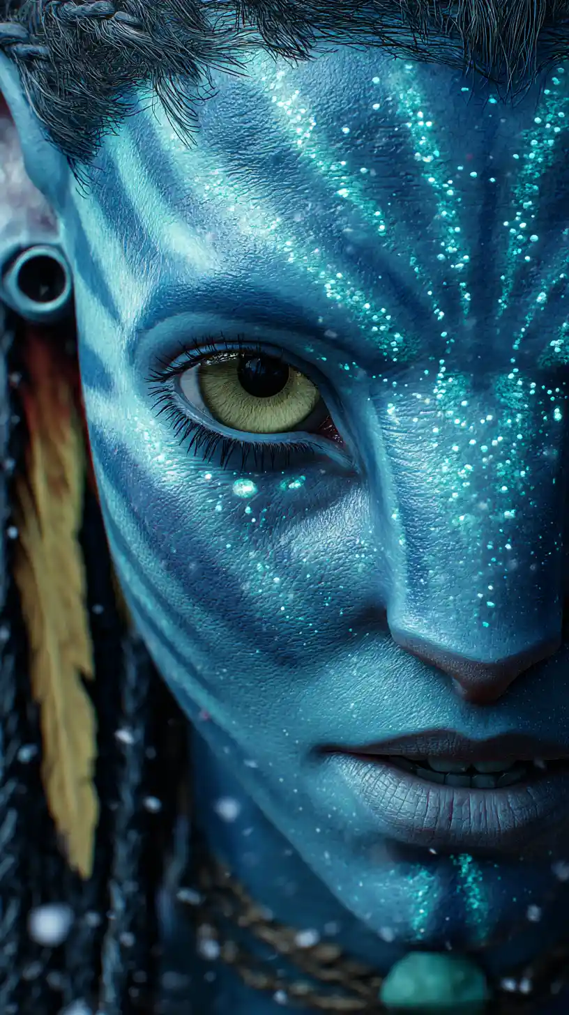 Portrait d’une farouche guerrière Na’vi aux marques faciales lumineuses