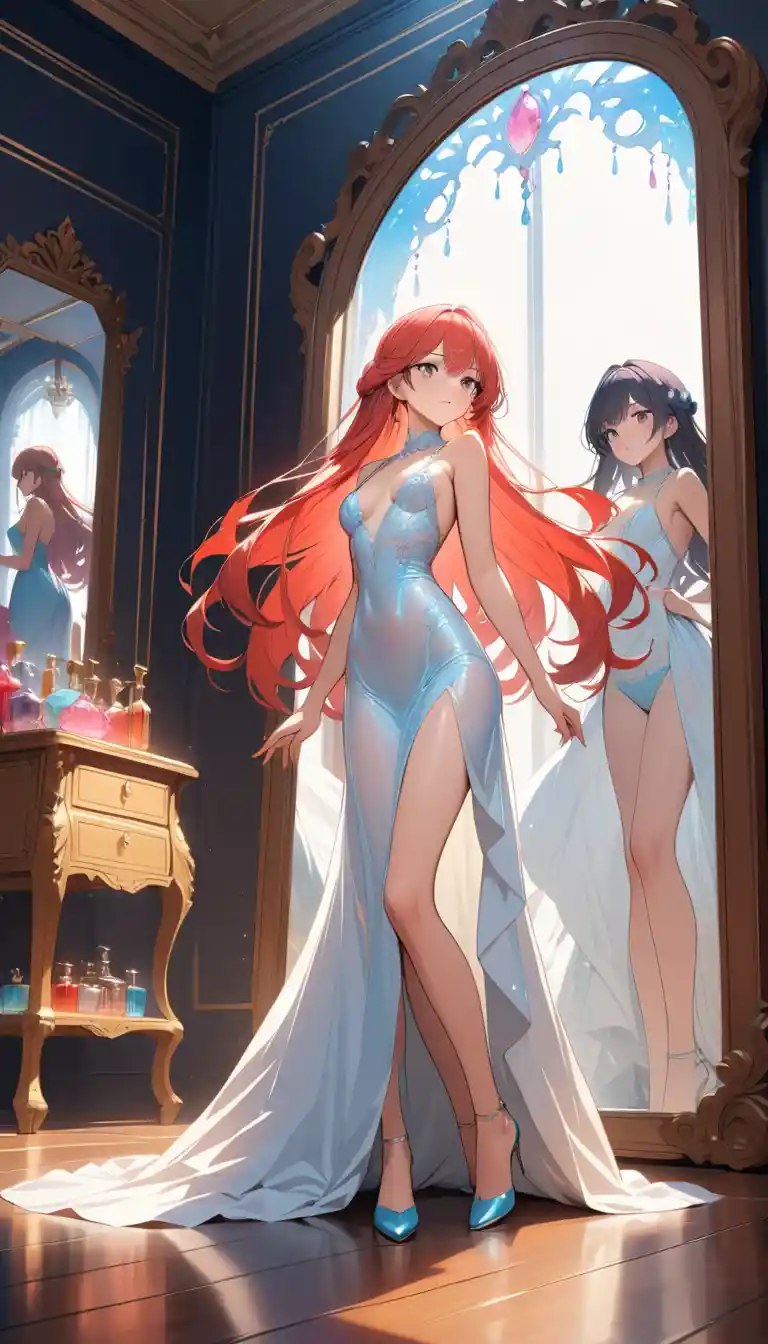 Sensual anime woman in an infinite mirrored dressing room