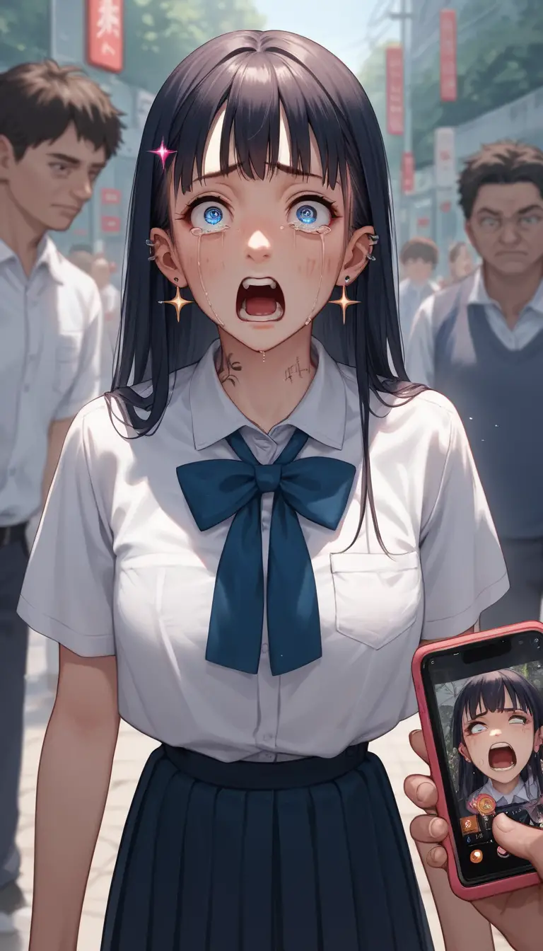 Anime schoolgirl with colorful hair in a public space
