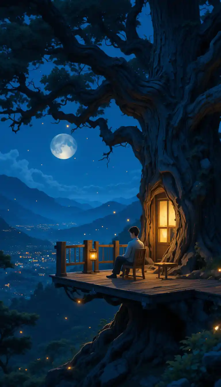 Junger Mann auf einem Baum-Balkon unter einem leuchtenden Vollmond