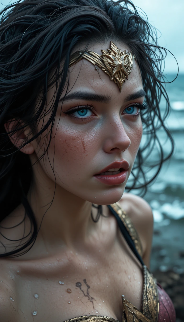 Close up anime warrior woman crying by the stormy sea