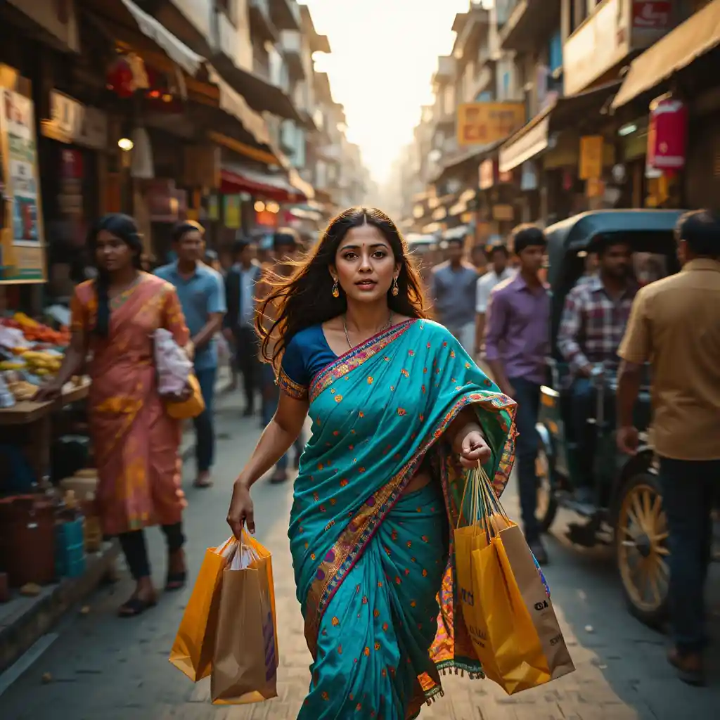 Indian woman rushing through crowded Howrah Bazaar market