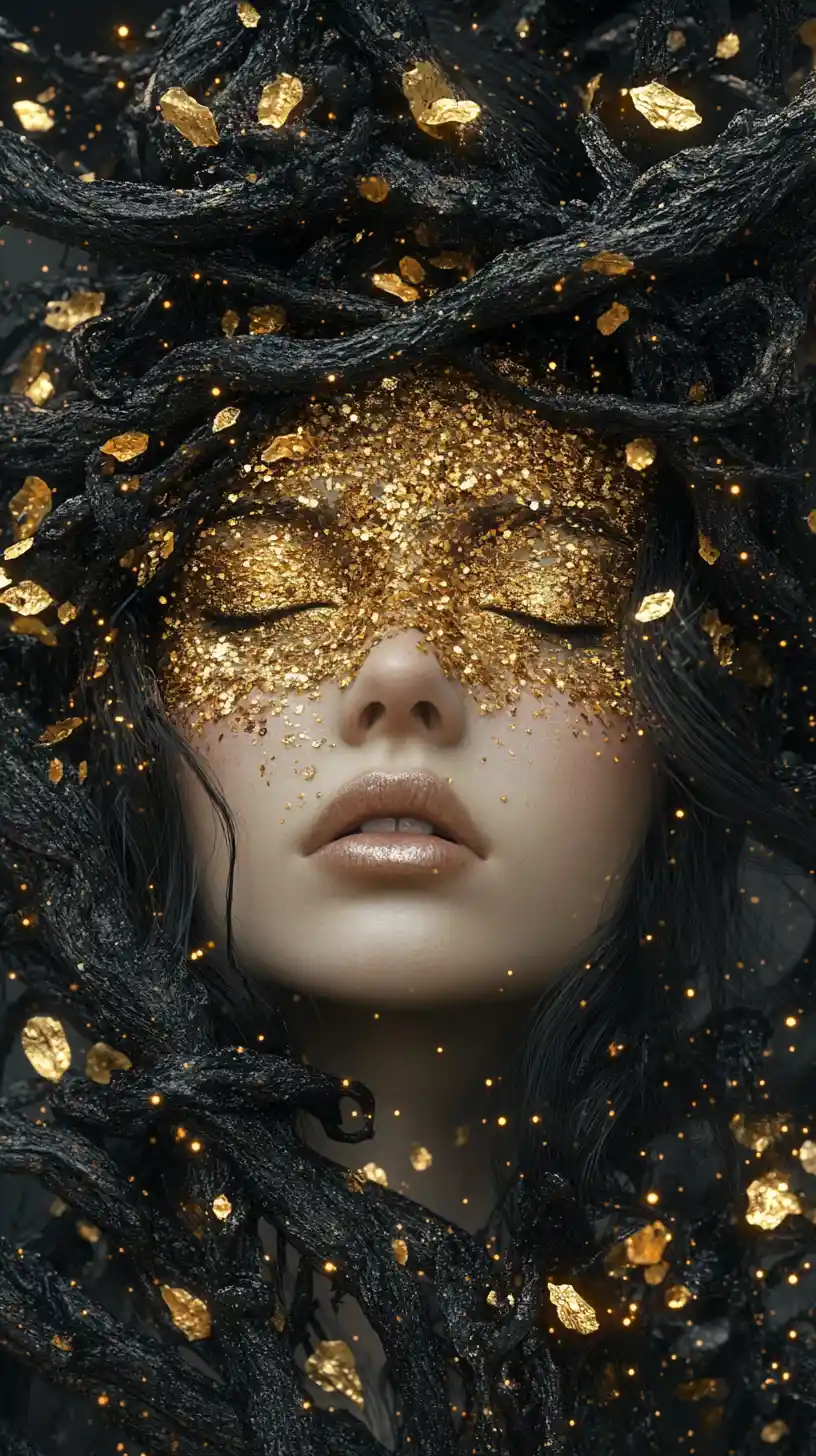 Ethereal woman crowned with branches and weeping gold