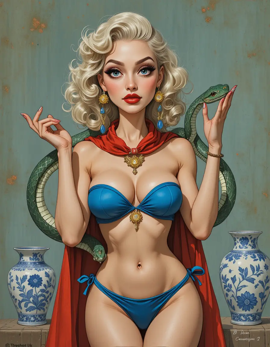Vintage drawing of woman with snakes and ornate vase