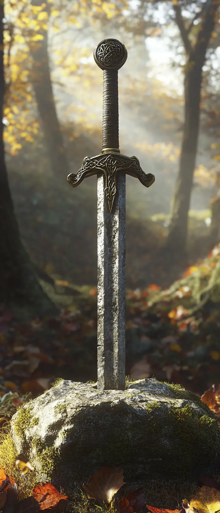 Ancient sword embedded in stone in a misty forest