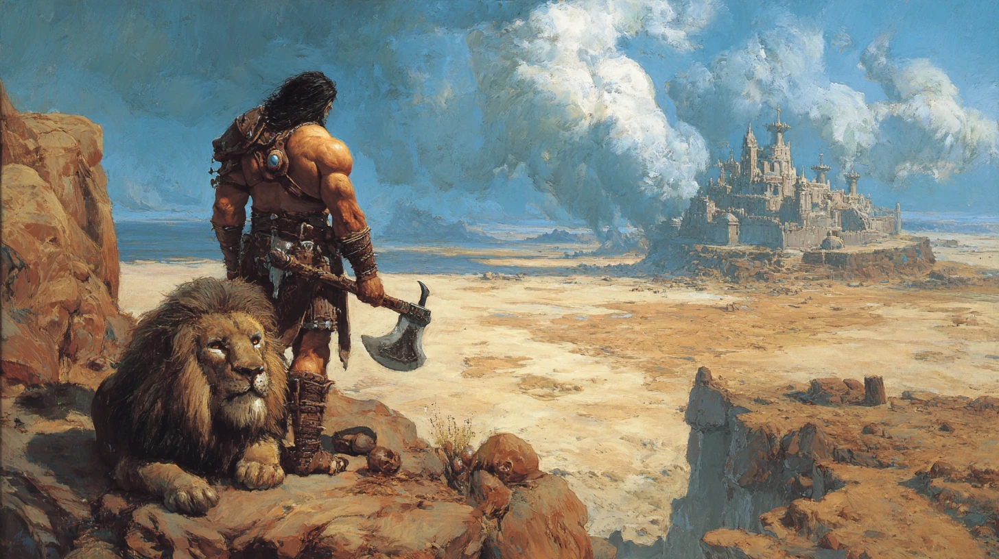 Barbarian warrior and armored lion facing a looming djinn