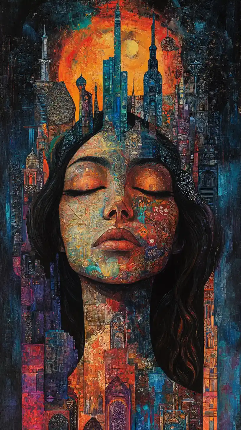 Mystical portrait in a surreal dreamlike city of Baku