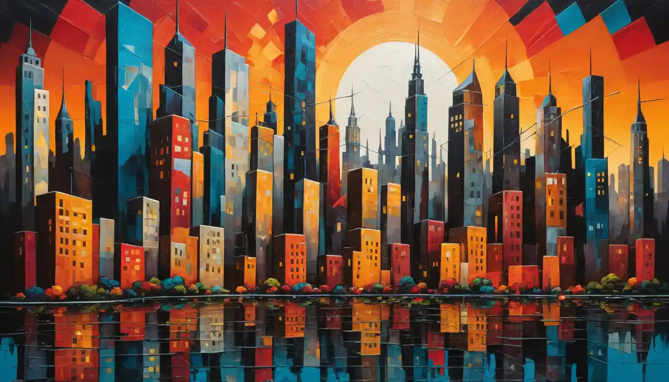 Pintura abstracta de paisaje urbano con atmósfera surrealista al anochecer