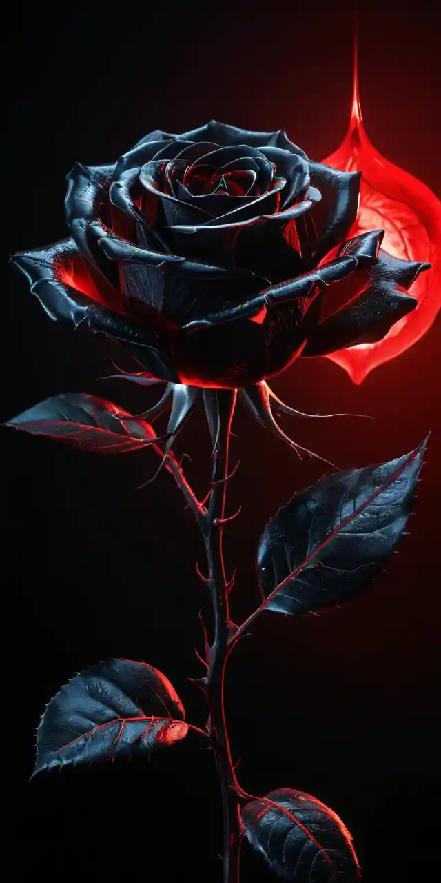 Glowing Black Rose With Red Light On Dark Background