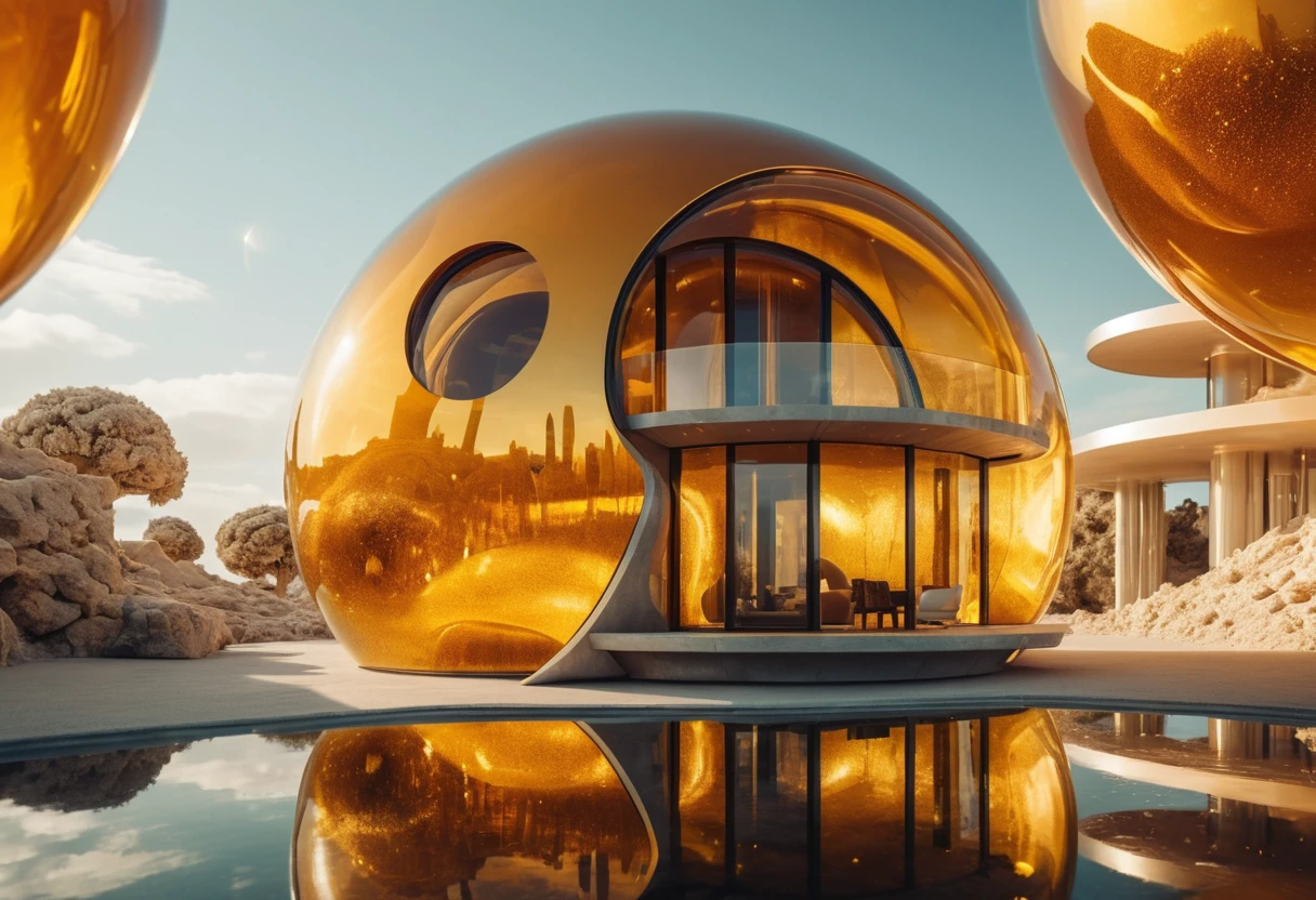 Macro view of a surreal honey and glass futuristic house