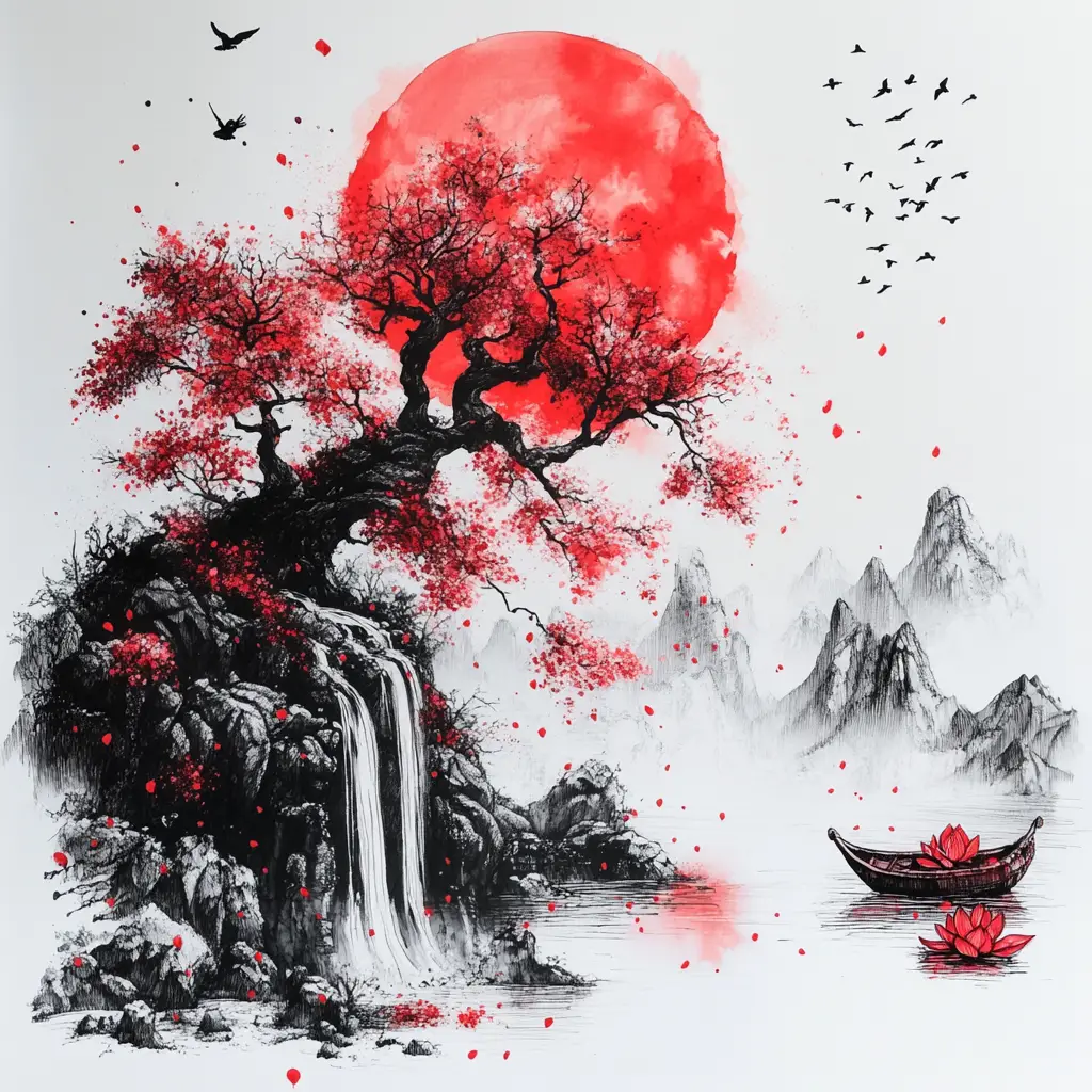 Cherry blossom ink painting on misty mountain