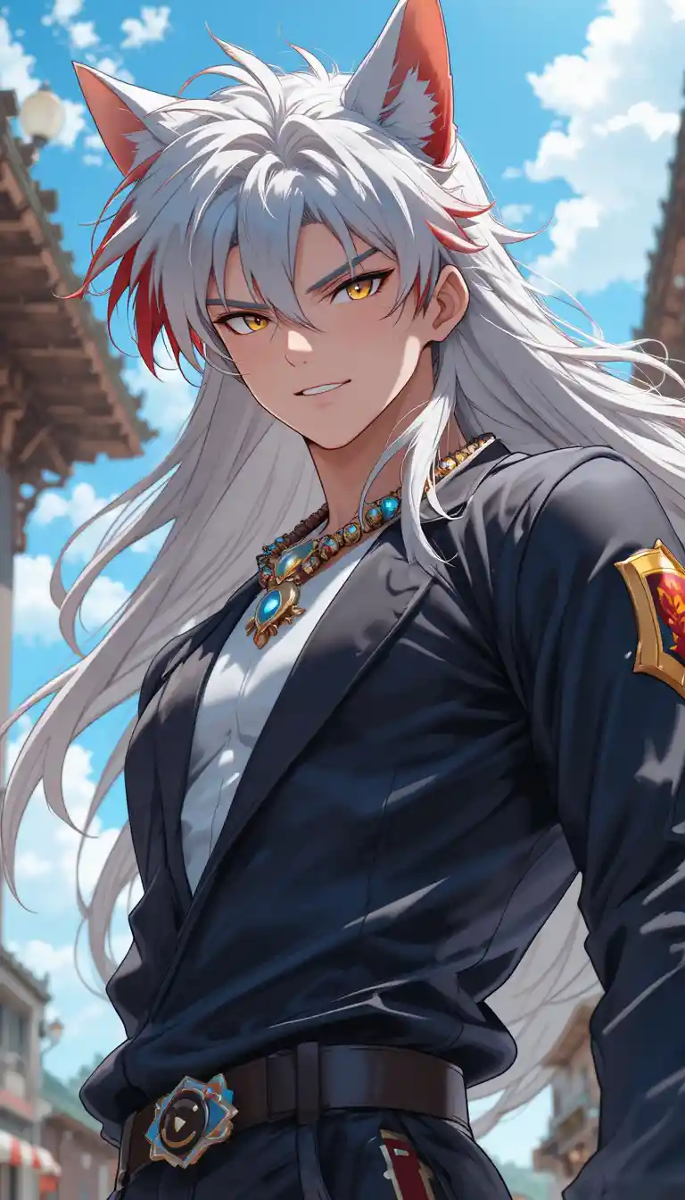 Homem de anime confiante com cabelo vermelho e branco dividido