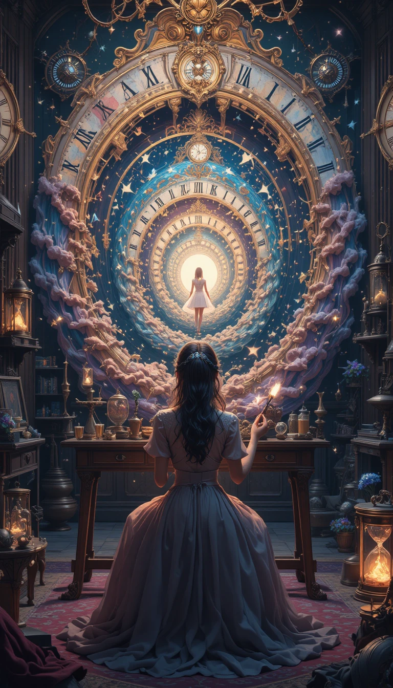 Magical anime painter in a glowing recursive art studio