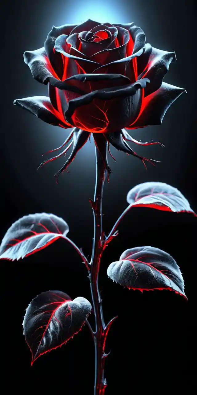 Black glass rose glowing with surreal red light
