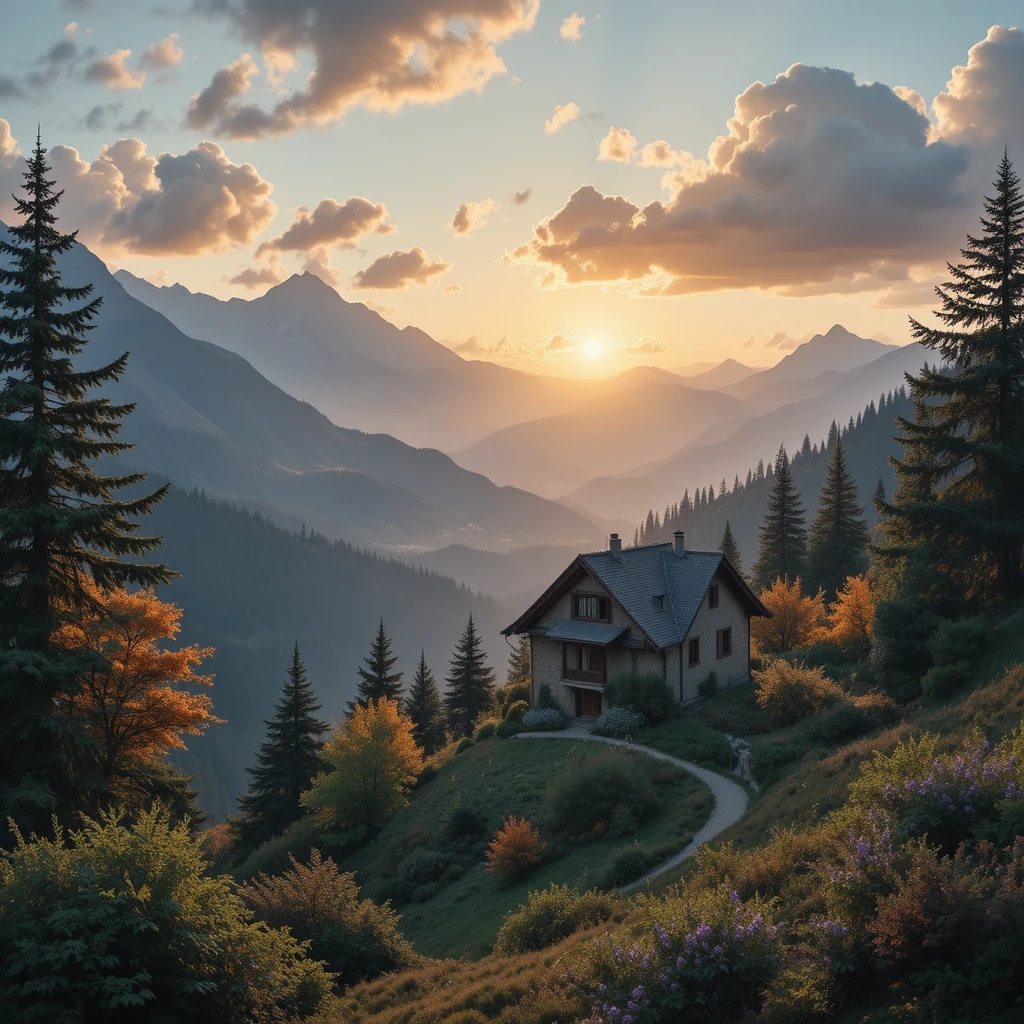 Mountain house at sunrise with trees and soft clouds