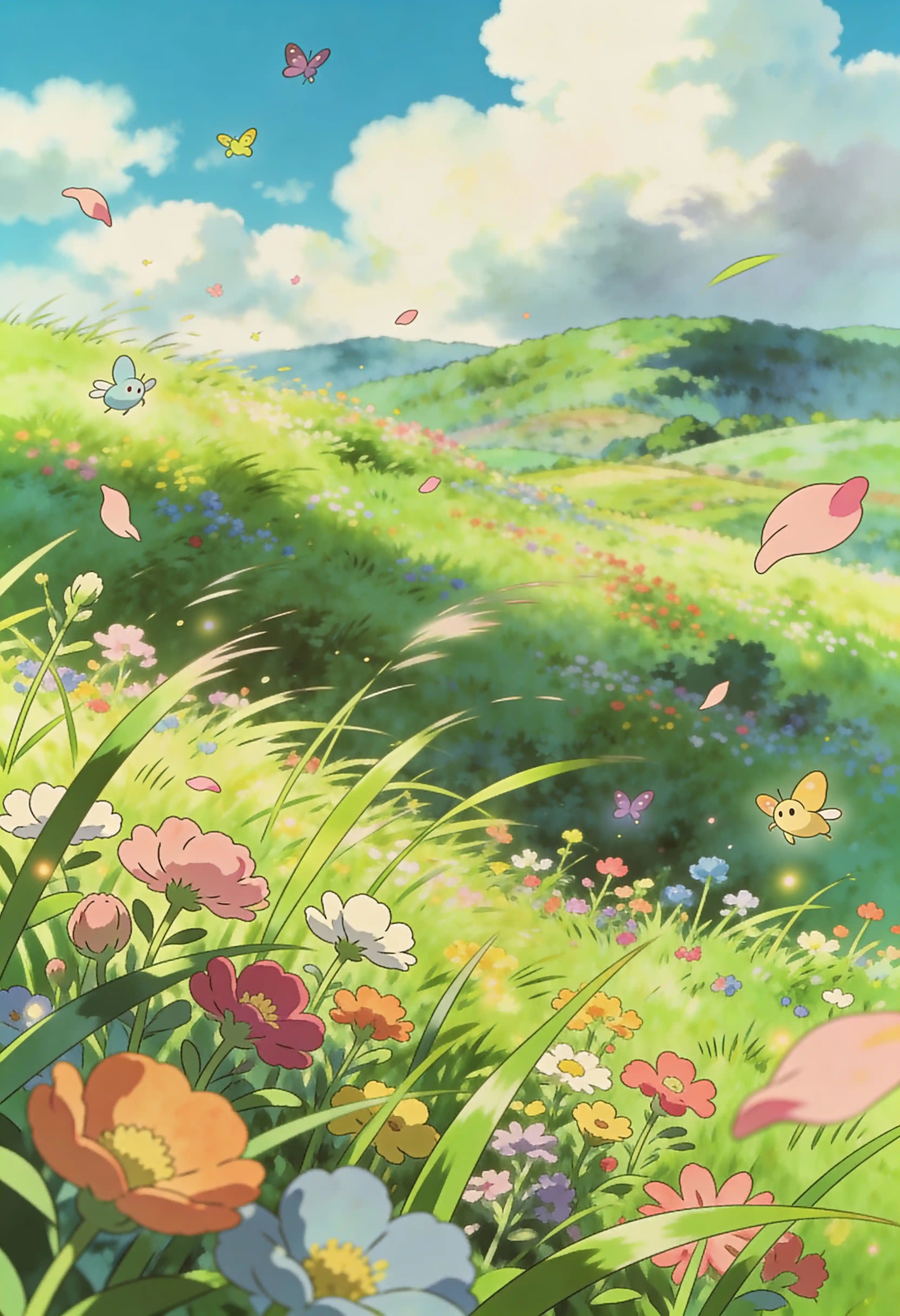 Whimsical Anime Meadow With Lush Green Grass And Flowers