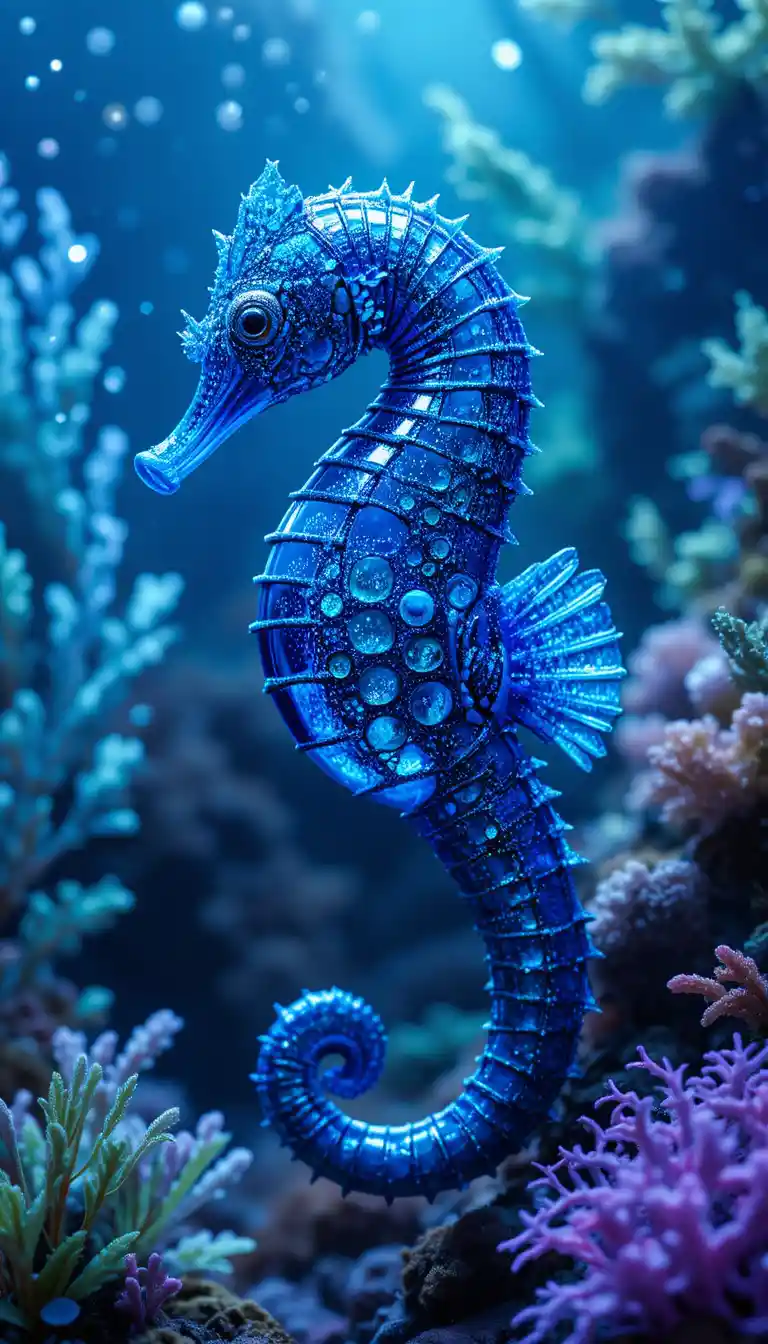 Cobalt blue seahorse amid glowing coral and plants