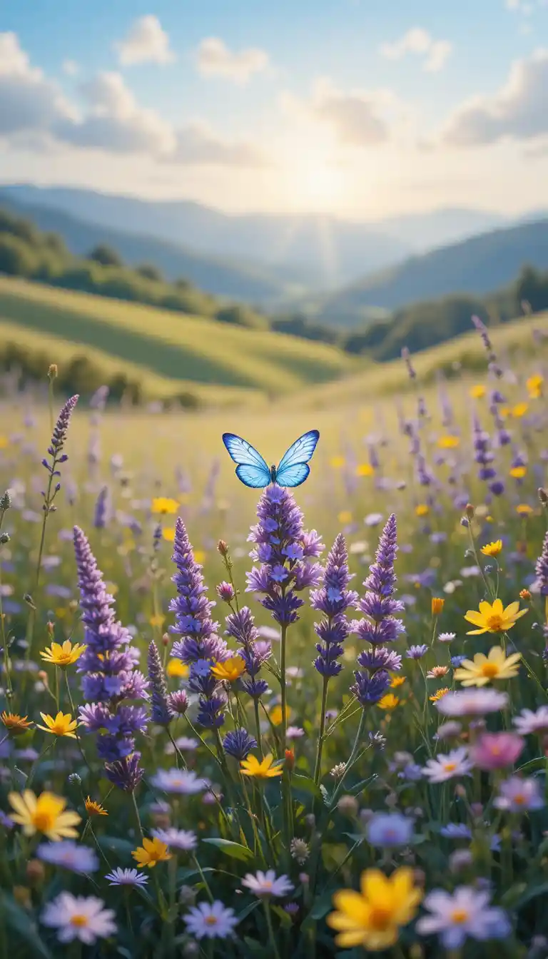Mariposa azul sobre pradera de flores silvestres al atardecer dorado