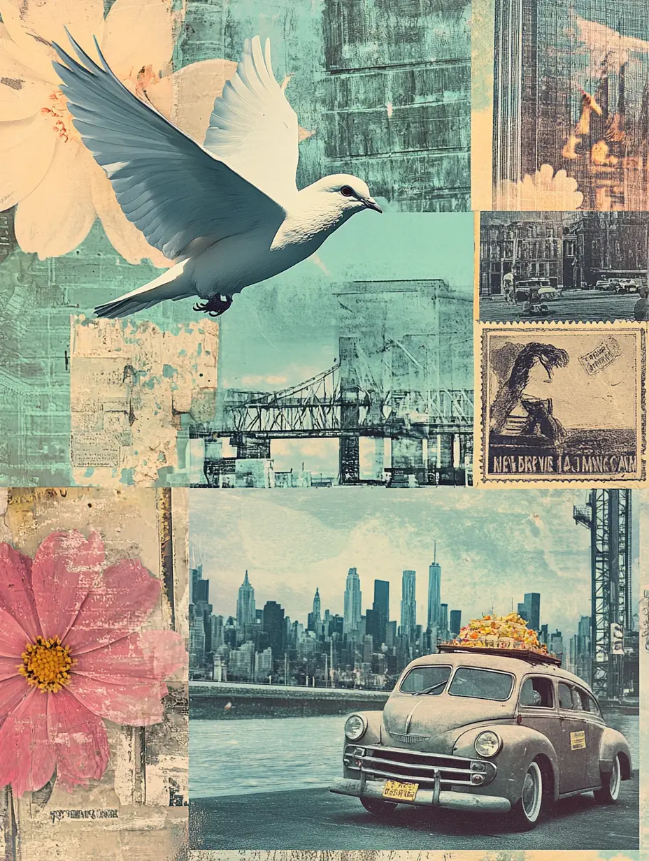 Stencil collage of urban objects in pastel green tones