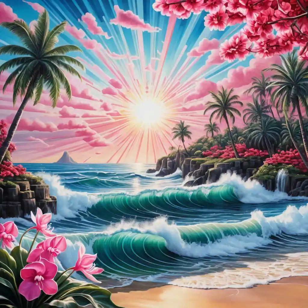 Surreal rote und schwarze Ozean-Traumlandschaft mit Sonne und Palmen