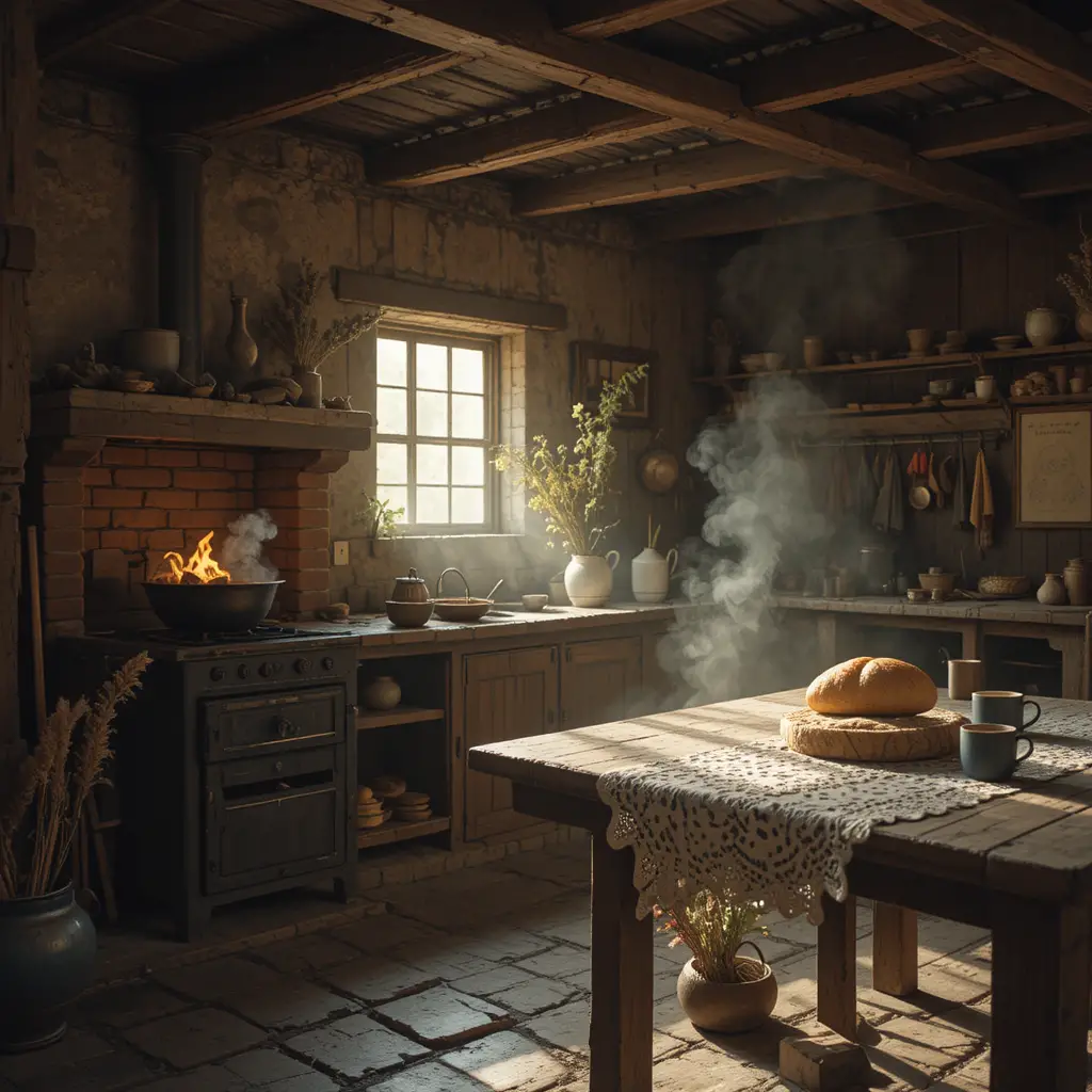 Rustic Brazilian farmhouse kitchen with wood stove and table
