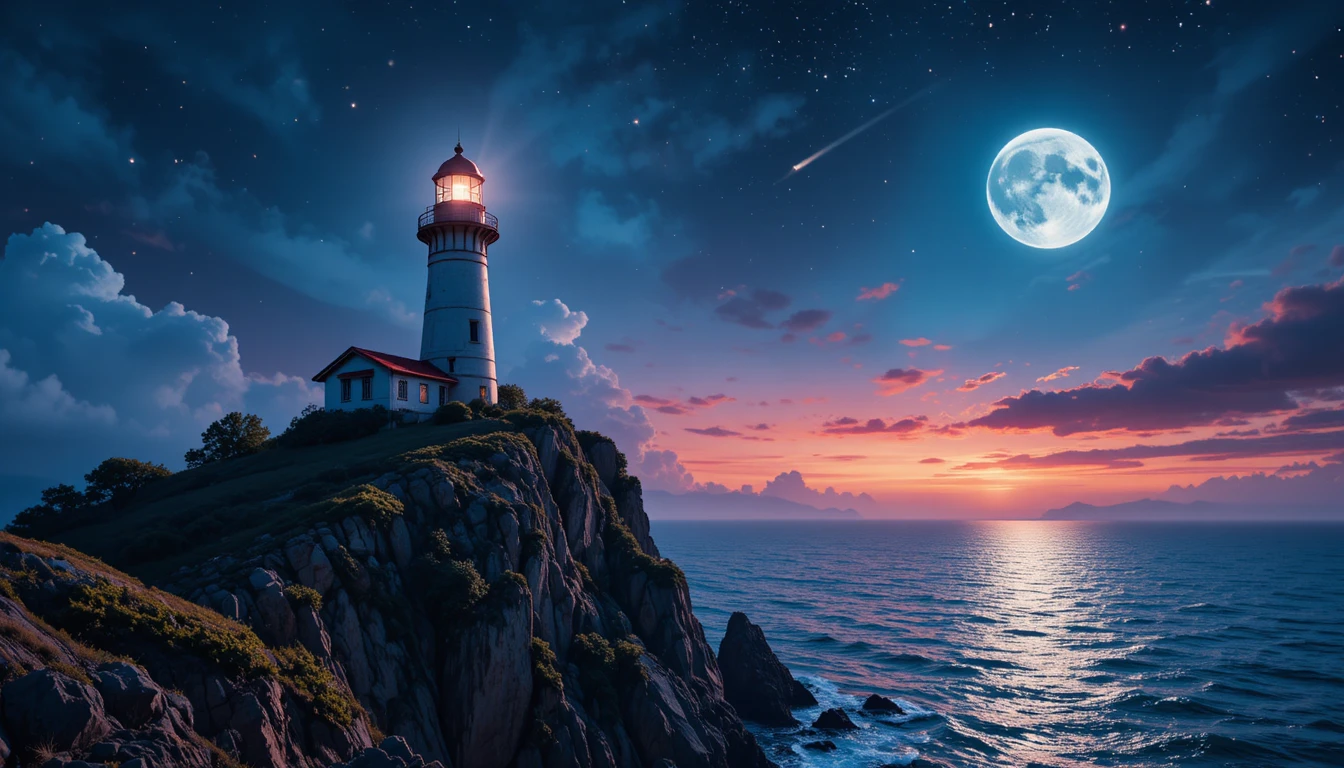 Lighthouse On A Steep Cliff Under A Full Moon Sky