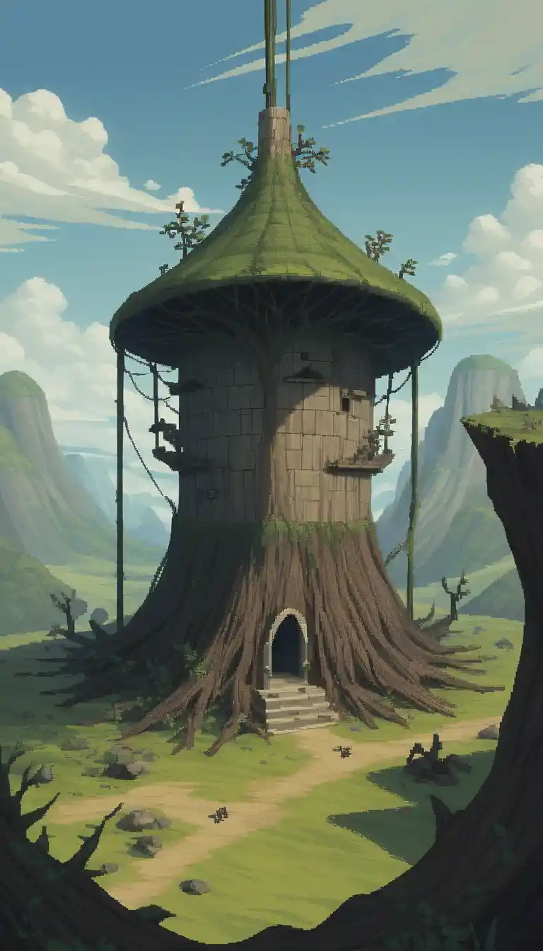 Surreal twisted house rising from a dreamlike looping realm