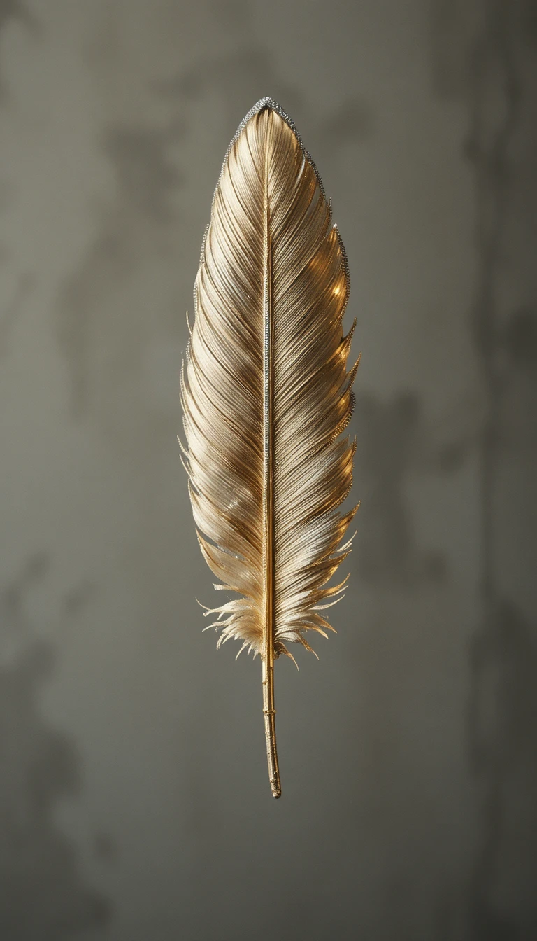 Golden feather with diamonds on a soft neutral background