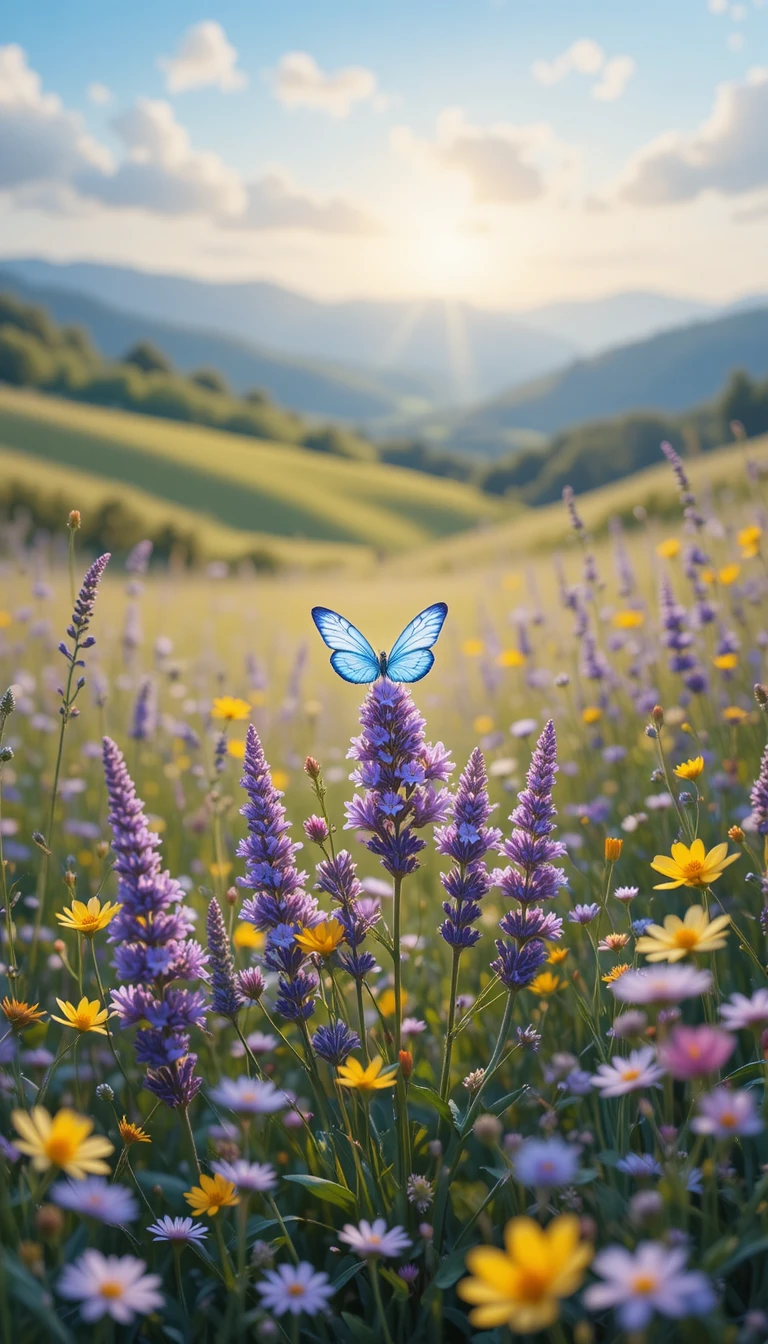 Mariposa azul sobre pradera de flores silvestres al atardecer dorado