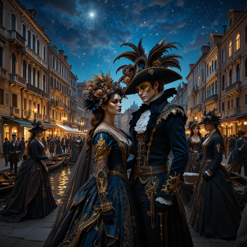 Venetian masquerade ball beside a starlit canal night