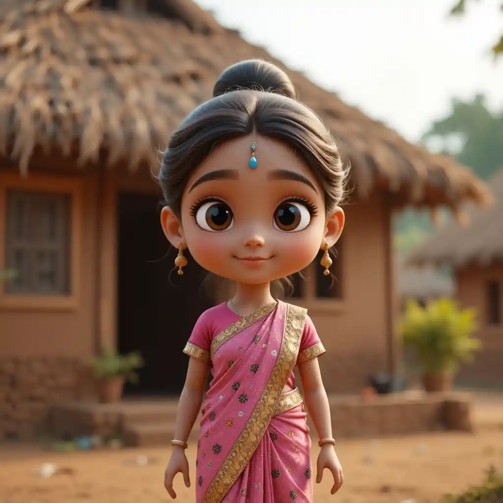 Mère de village souriante en sari rose devant une maison en terre