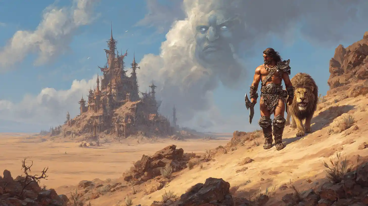 Barbarian warrior and armored lion above a desert cliff
