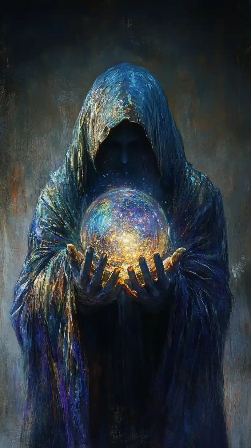 Hooded figure holding a glowing orb in shadow