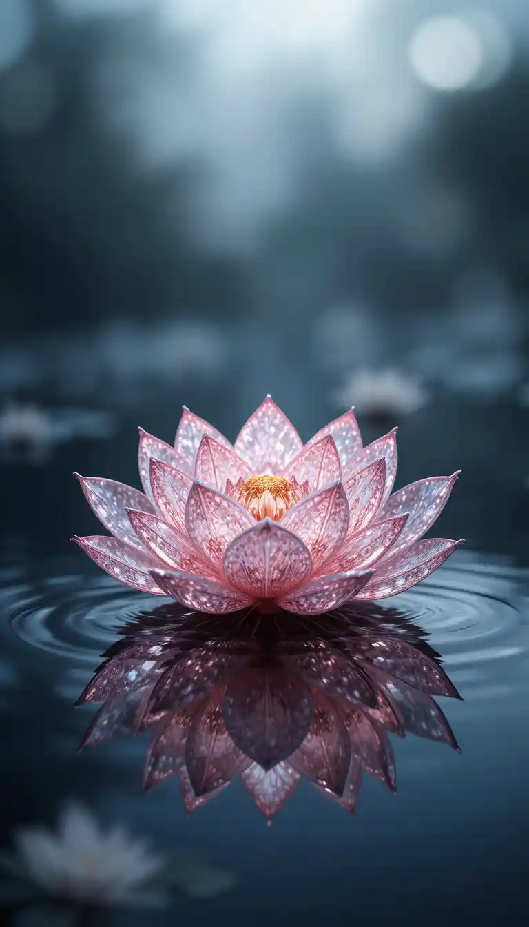 Pink diamond lotus floating on dark reflective water