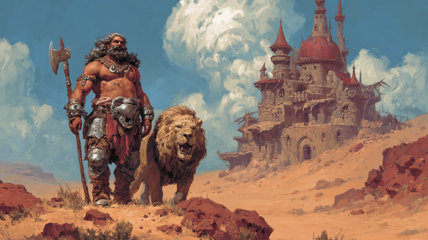 Bárbaro y León Acorazado en un Acantilado Sobre una Fortaleza del Desierto
