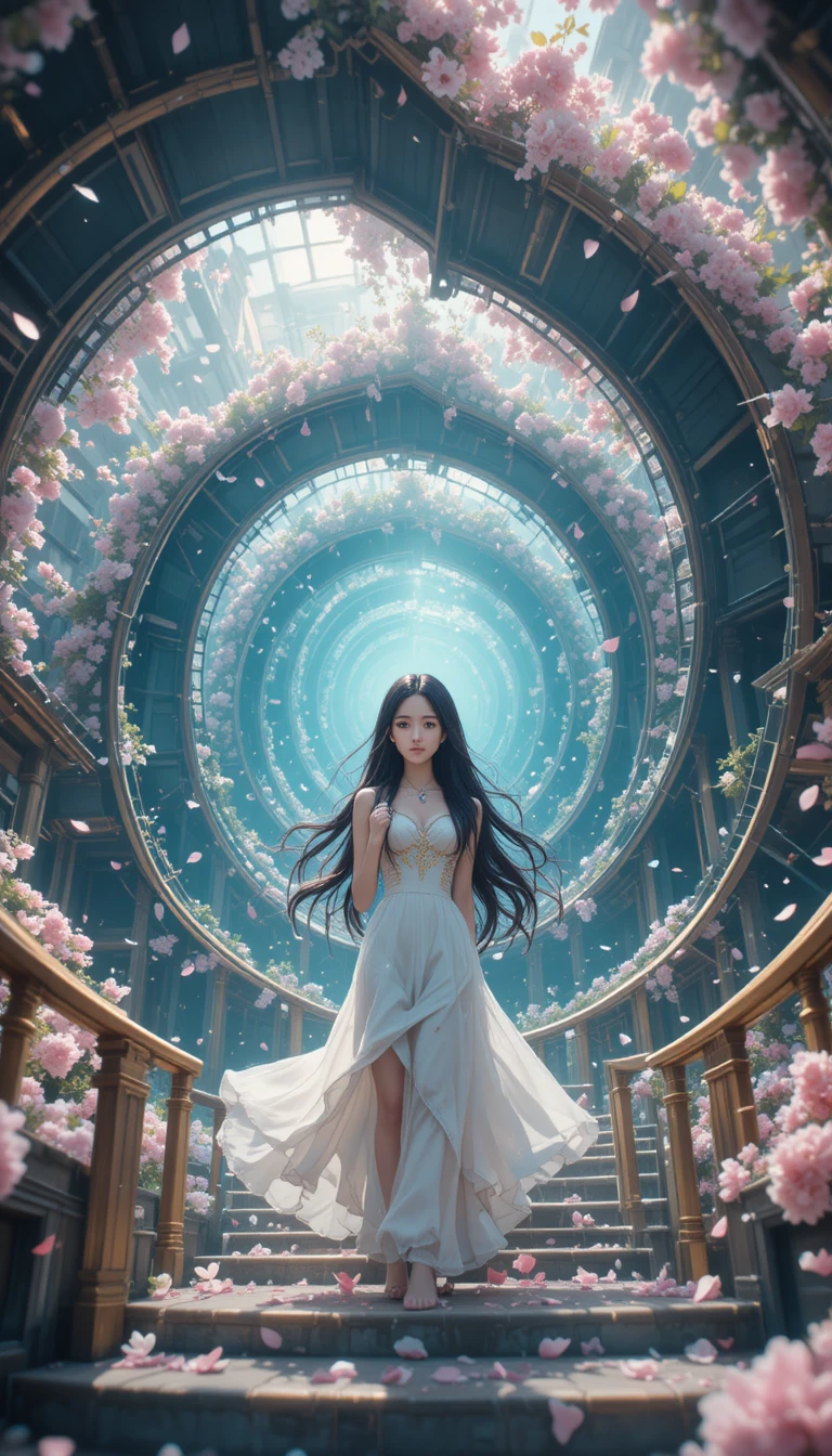 Anime girl on endless spiral staircase with floating petals