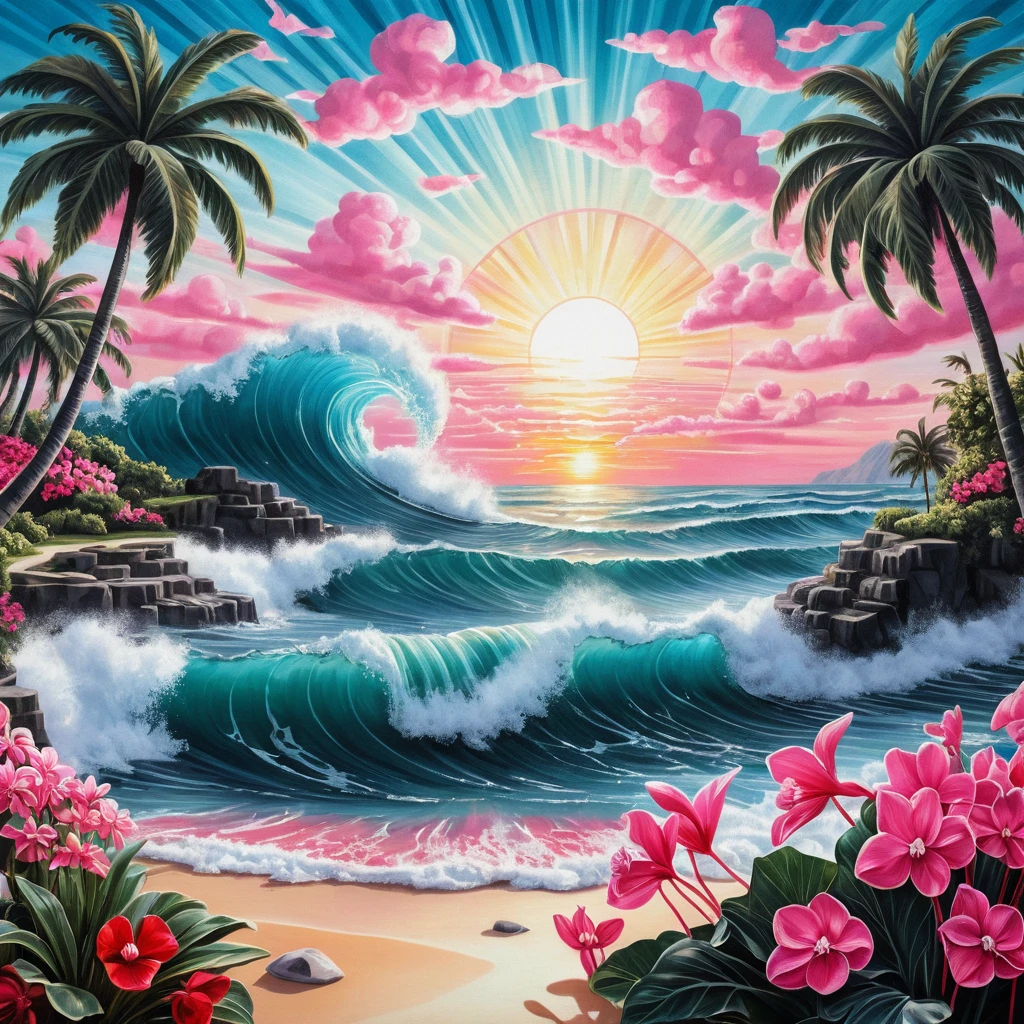 Olas de océano surrealistas en rojo y negro con rayos de sol brillantes