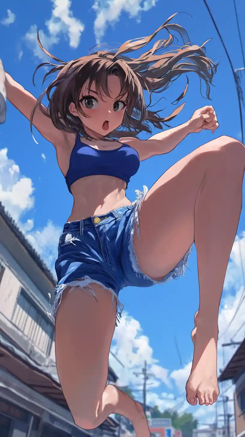 Chica de anime dando una poderosa patada en una pelea en el patio de la escuela