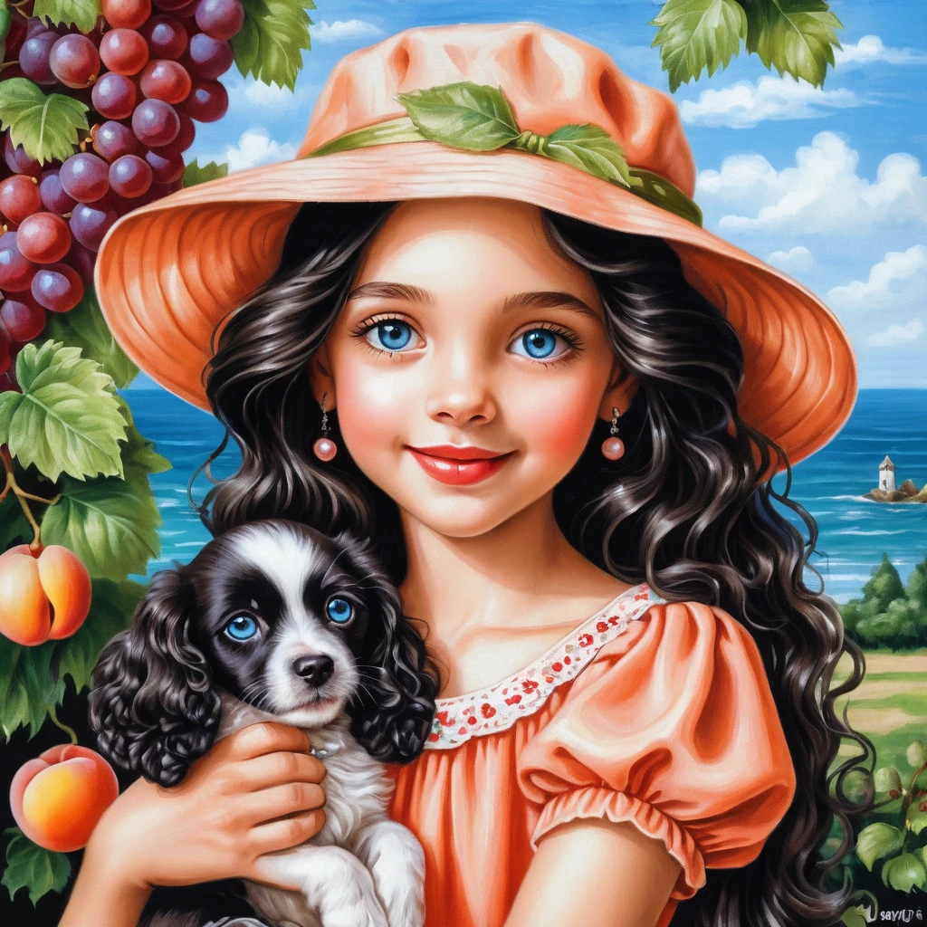Smiling curly haired girl with puppy and grapes