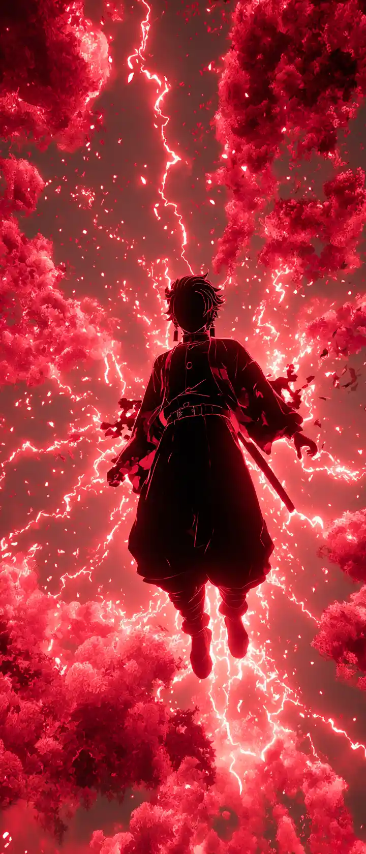 Demonic swordmaster unleashing crimson energy blades in sky