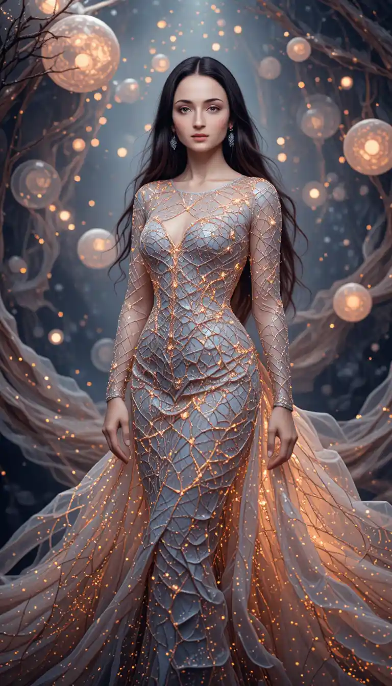 Elegant Indonesian woman in flowing fractal patterned gown