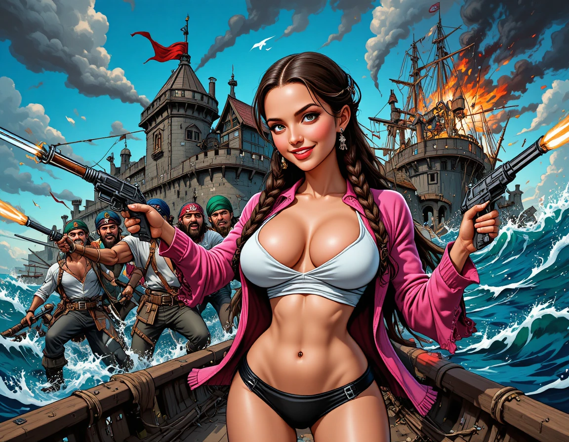 Piratenschiff unter Festungsangriff in dynamischer Comic-Schlacht