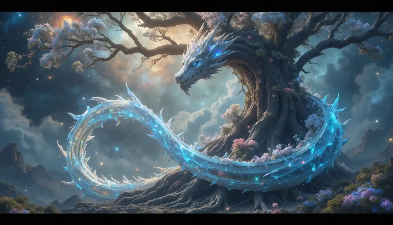 盤繞古老宇宙之樹的晶體巨龍
