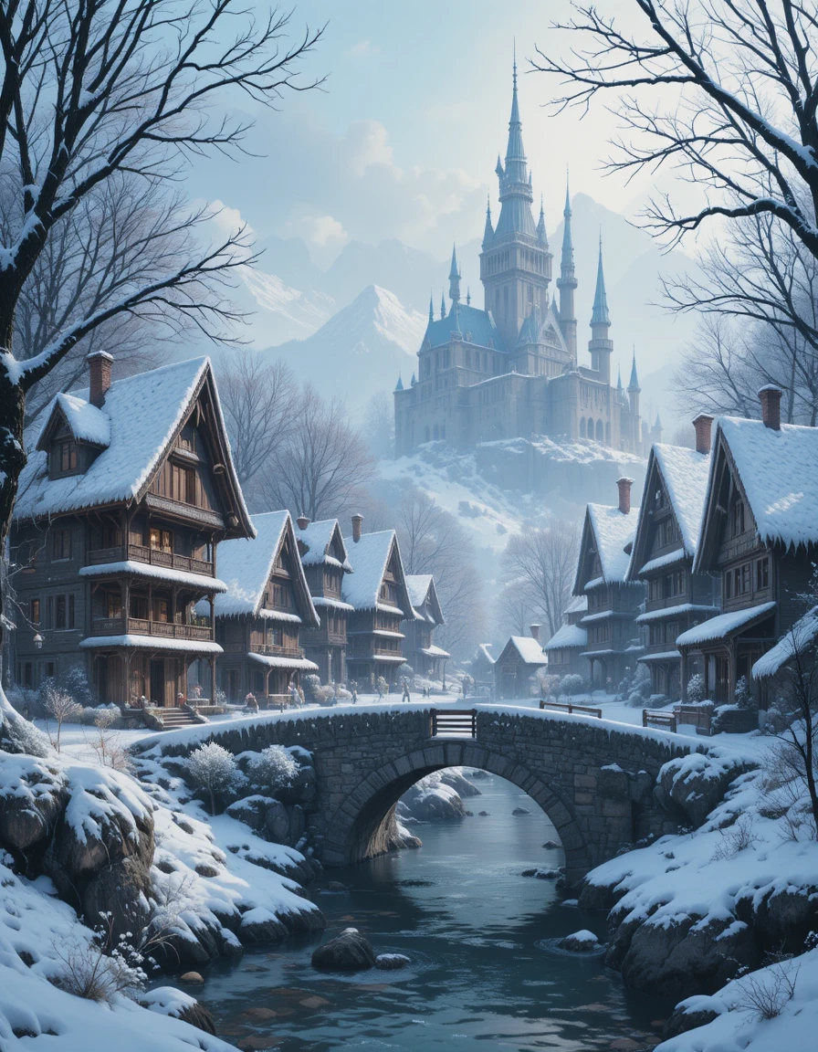 Pueblo nevado de cuento de hadas con cabañas y castillo a lo lejos