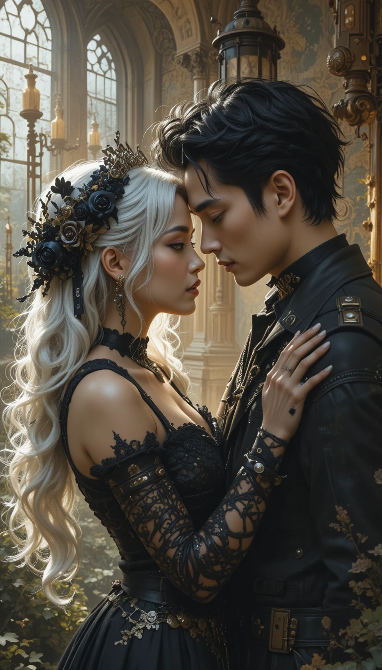 Donna gotica romantica con uomo steampunk in paesaggio urbano surreale