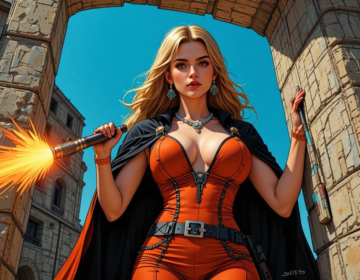 Joven mujer rubia con chaqueta naranja y maquillaje llamativo