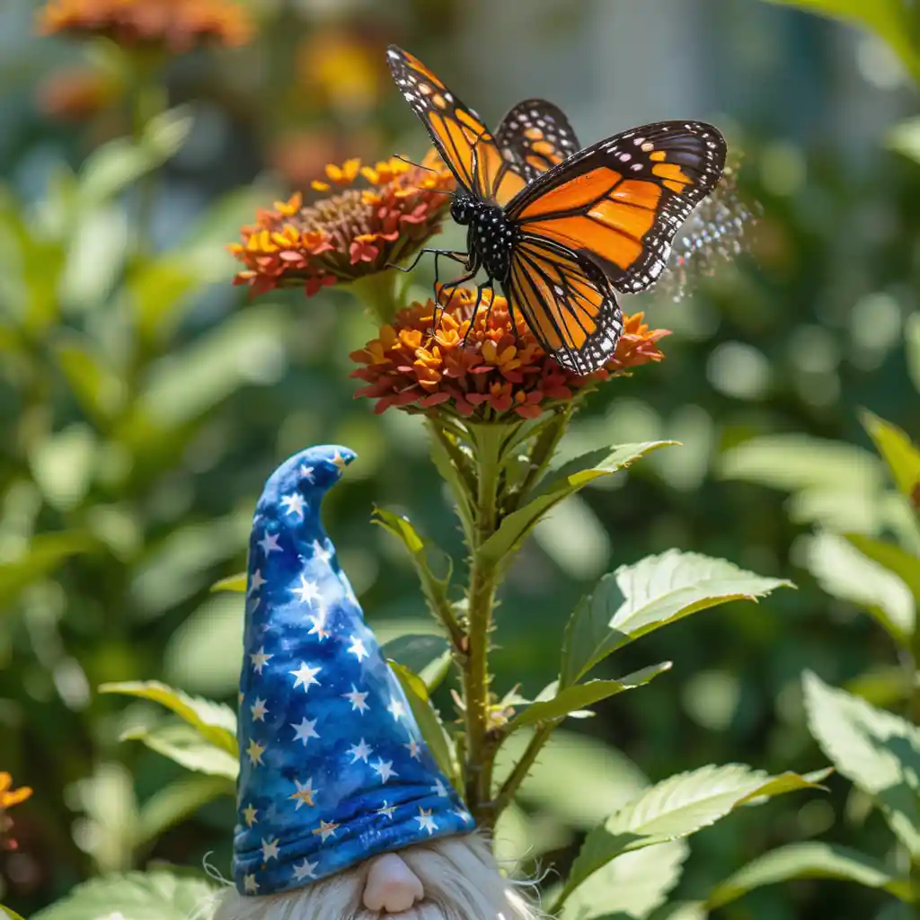 Monarch butterfly on bright flowers in a sunny garden