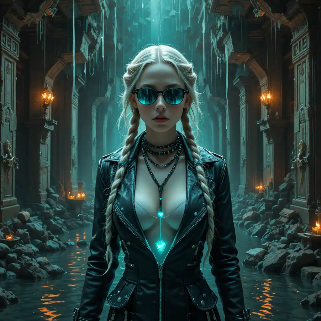 Cyberpunk-Piratenheldin in überflutetem unterirdischem Schatzgewölbe