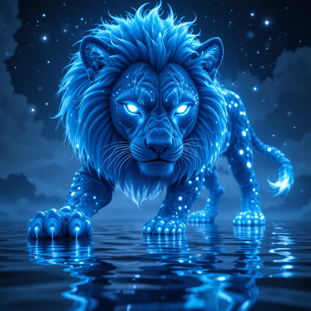 星空下閃耀的霓虹藍獅子